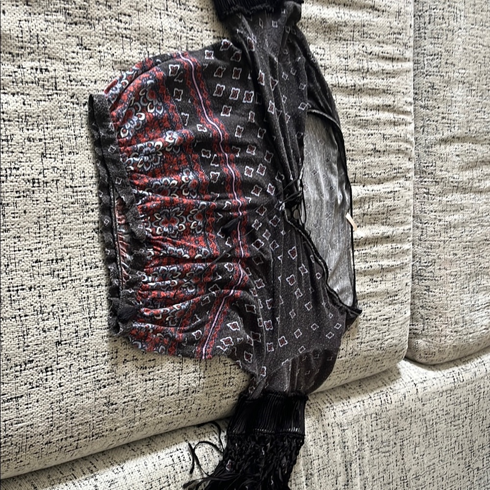 Black and Red Patterned crop shirt with fringe sleeves